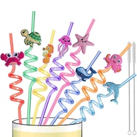 Set de 8 Paiuri Reutilizabile cu Animale Marine, Paiuri Amuzante pentru Copii, Decor pentru Petreceri cu Tematica Oceanica sau Plaja, Include Perii de Curatare