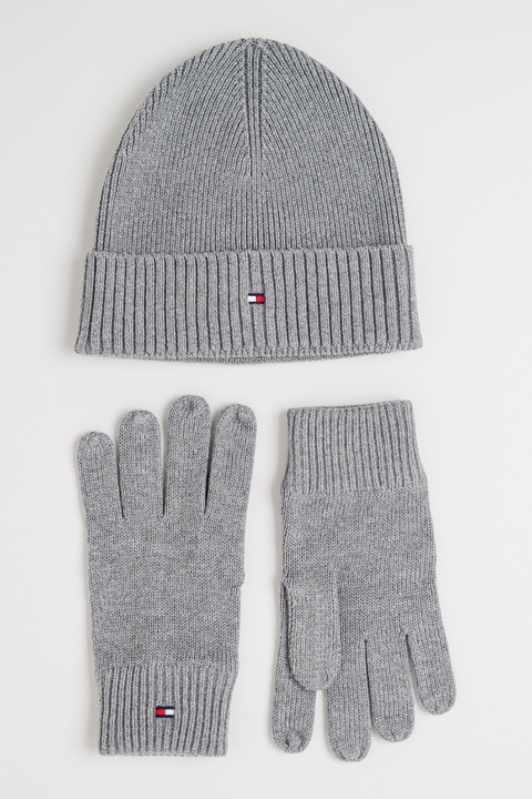 Tommy Hilfiger, Set de manusi si caciula din amestec de casmir Flag, Gri cenusiu