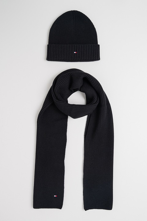 Tommy Hilfiger, Set de caciula elastica si fular din amestec de casmir, Negru