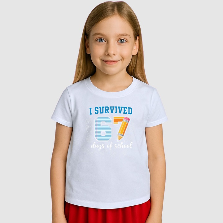 Tricou Copii SIX SEVEN 67 Am Supravietuit Scoala Minimal, Alb