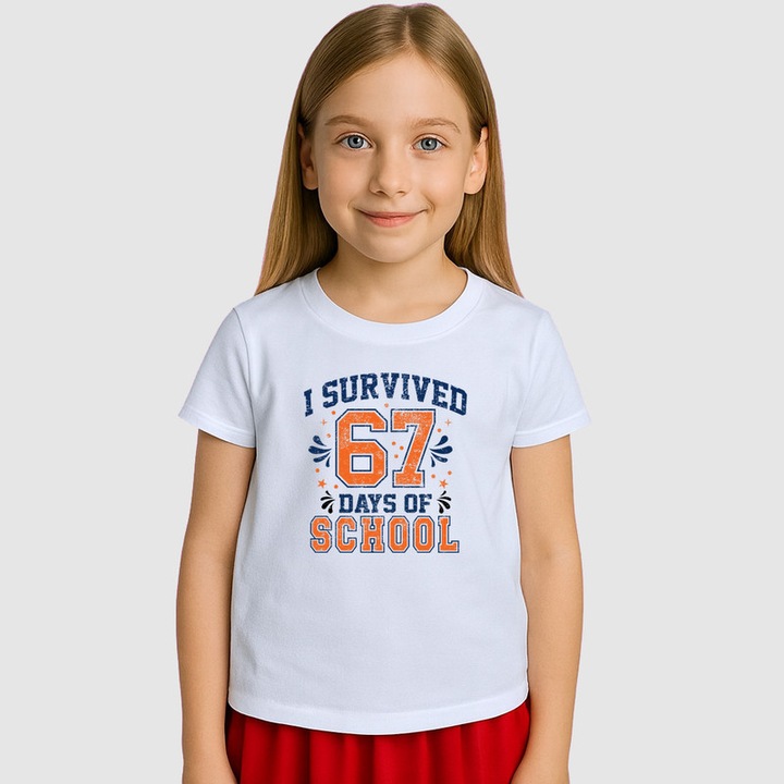 Tricou Copii SIX SEVEN 67 Am Supravietuit Scolii 2, Alb