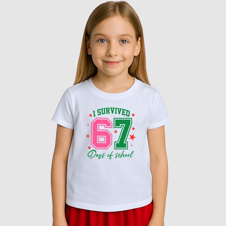 Tricou Copii SIX SEVEN 67 Am Supravietuit Scolii Verde, Alb