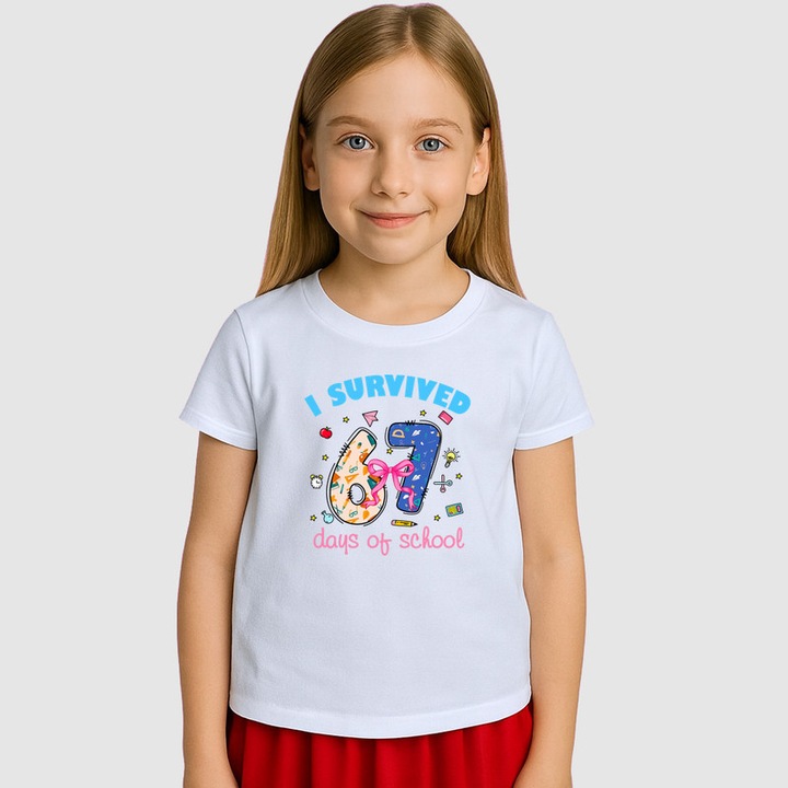 Tricou Copii SIX SEVEN 67 Am Supravietuit Scolii Vesel, Alb