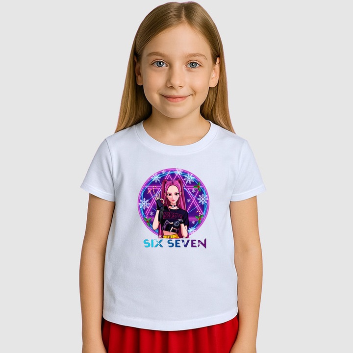 Tricou Copii SIX SEVEN 67 Anime Girl Neon Circle HUNTRIX KPOP, Alb