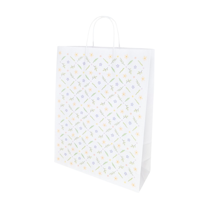 Set 200 bucati Pungi Hartie Model Floral Soft Meadow, 32 x 41 x 12cm, kraft Alb