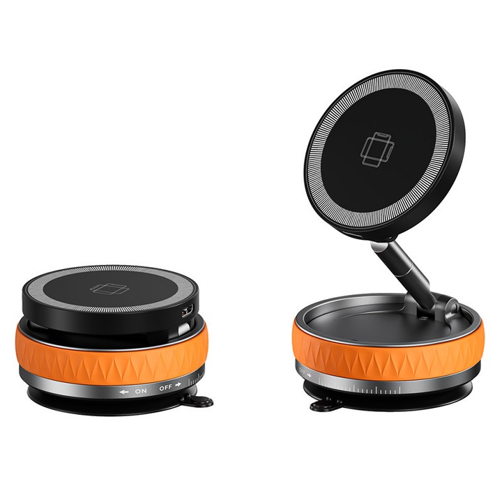 Магнитна стойка за телефон за кола, SDLOGAL, Магнитно захващане MagSafe, Въртене на 360°, Вакуумна вендуза, Регулируема във всяка посока, Универсална, Силно фиксиране чрез вакуумна технология, Захващане за табло, прозорец, мебели, Черно/Оранжево