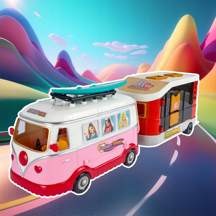 Kamper pentru papusi cu remorca, Stator, roz, 2 papusi, 44cm