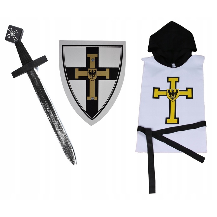 Lovag jelmez szett, fehér tunika, fa kard és pajzs, 3-7 év, fekete és fehér