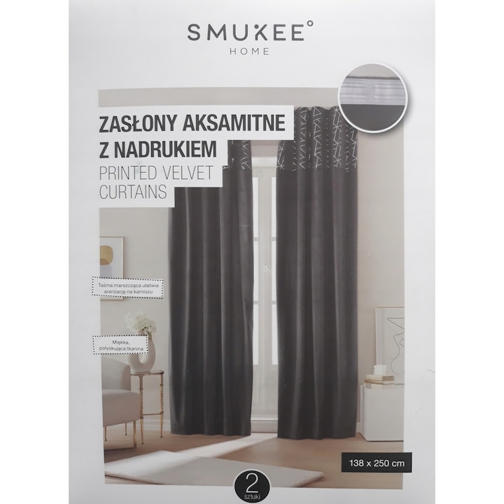 Perdele Smukee, set 2 buc, gri, 138x250cm, cu metalice prindere