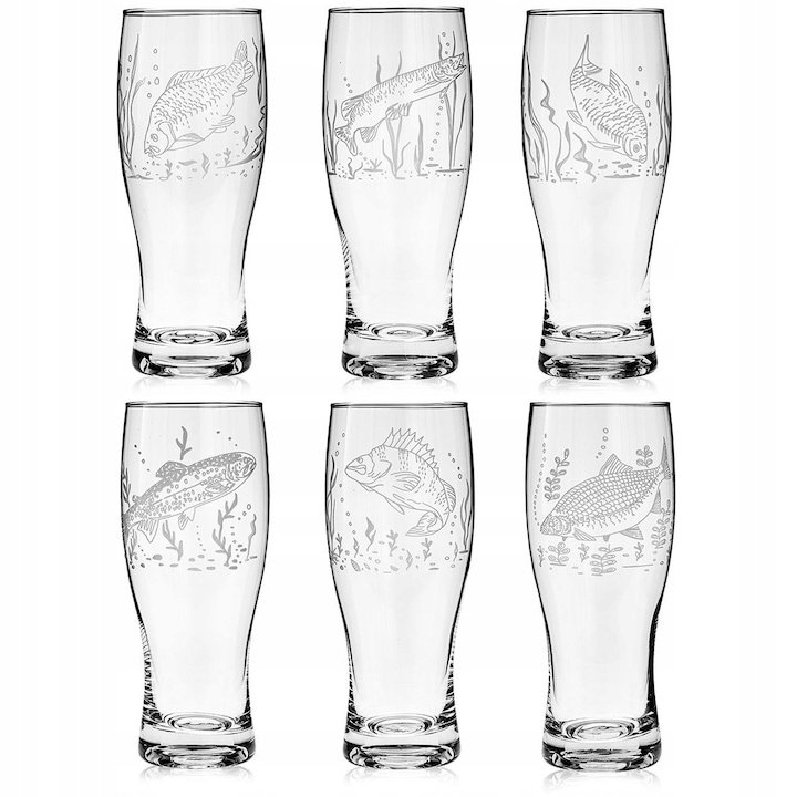 Söröspohár készlet 500 ml, horgászmotívumokkal, átlátszó, 6 darab