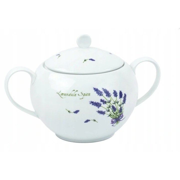 Bol din portelan cu capac Venus, 2,7L, decor floral lavanda, alb