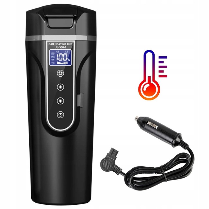 Cana cu incalzire auto 500ml, neagra, 12V/24V, cu afisaj LCD, reglare temperatura 40-90°C