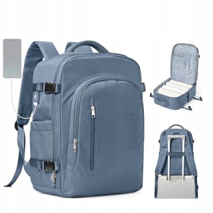 Rucsac multifunctional PAKKO, bagaj de mana, 40x20x25cm, impermeabil, cu port USB, albastru