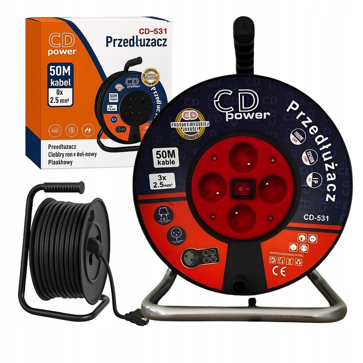 Prelungitor pe tambur 50m, 3x2,5mm, 4 prize, uziemire, IP44