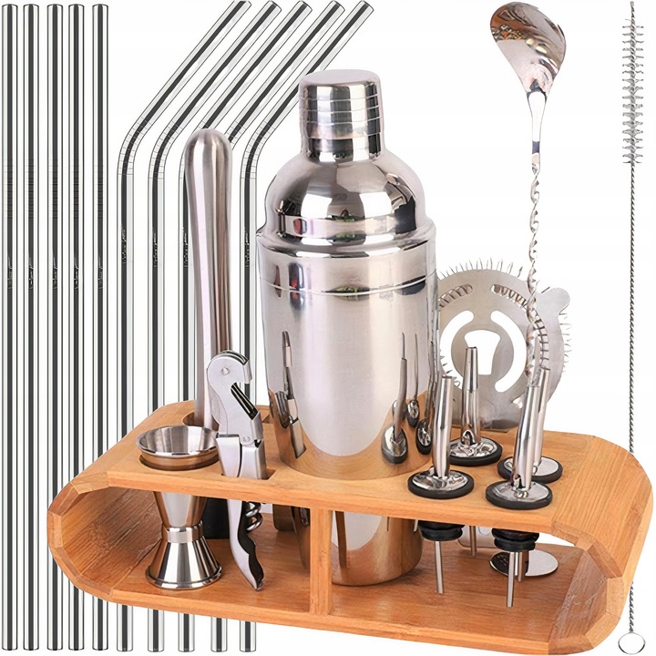 Set barman 23 elemente cu suport din bambus, shaker 550ml, ustensile pentru cocktailuri