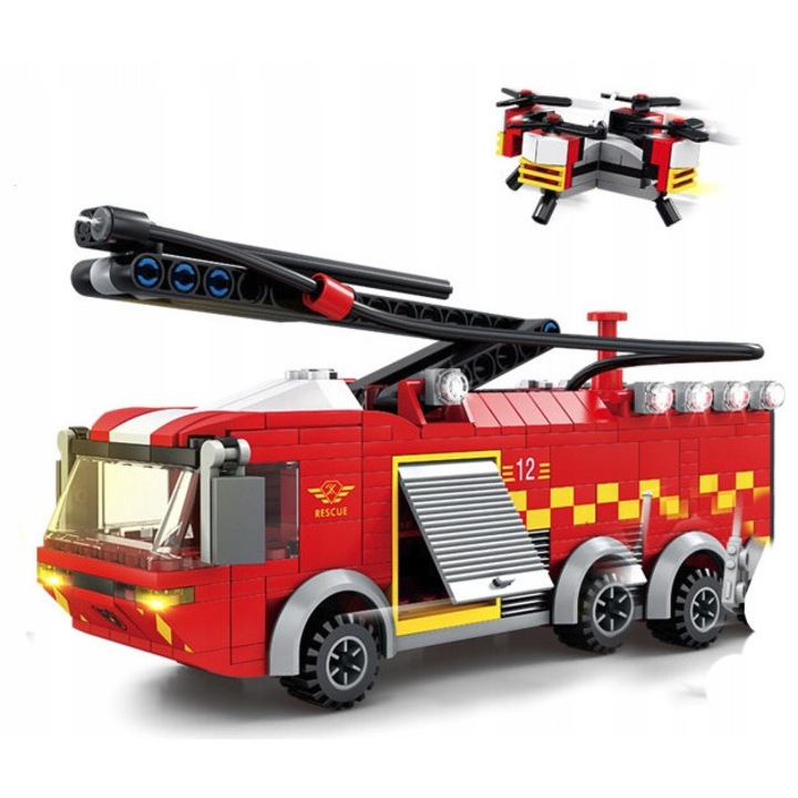 Set de constructie Pompieri, PAN I PANI GADZET, 360 piese, instructiuni colorate, rosu