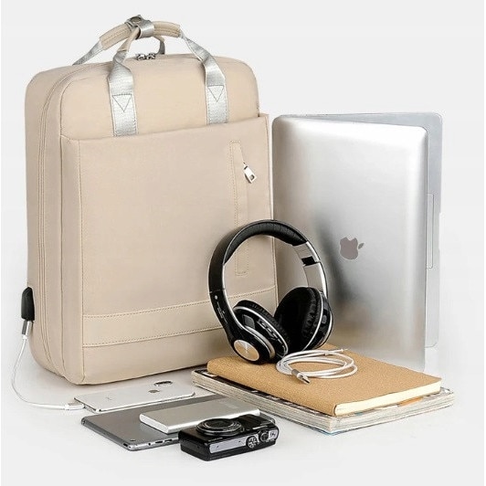 Rucsac laptop 15,6'', K&M, waterproof, cu port USB, bej, 45x35x12cm