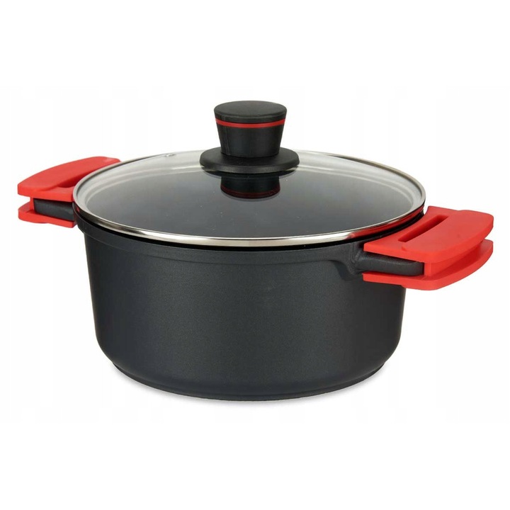 Oala din aluminiu cu capac, Kinvara, 25x15 cm, neagra, cu manere ergonomice