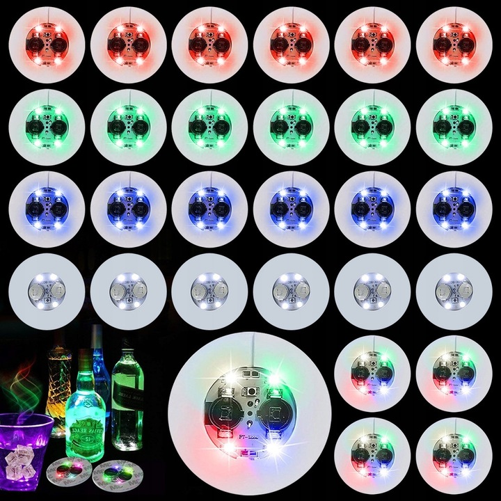 30x LED italtartó készlet, többszínű, 3 világítási mód, 6 fehér tartó, 6 kék tartó, 6 piros tartó, 6 zöld tartó