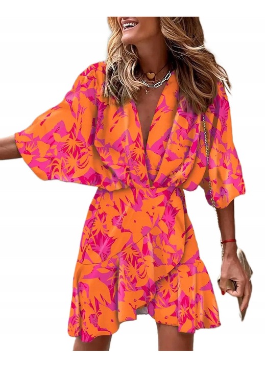 Дамска рокля, модел S-71, лилави ръкави, V-образно деколте, еластична, оранжева, L INTL