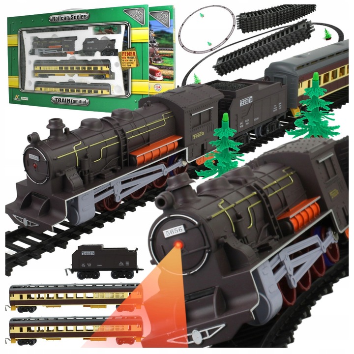 Trenulet electric Fenfa cu locomotiva si 3 vagoane, efecte sonore si luminoase, 89x325cm, set complet