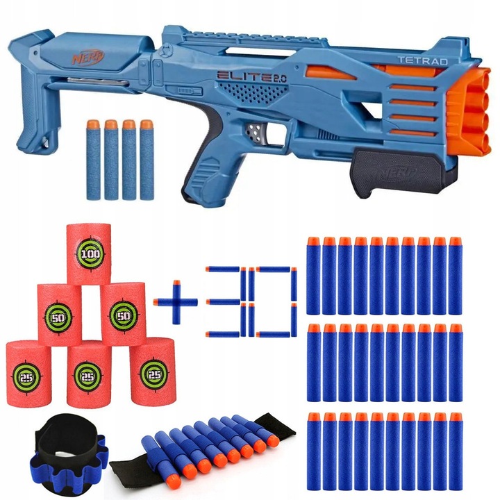 Пистолет Nerf Elite 2.0 Tetrad QS-4 комплект, 4 цеви, 30 стрели, 8 стрели в опора