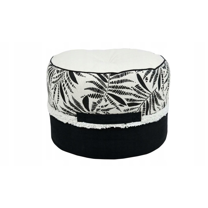 Pufa etno, növényi motívumokkal, fekete és krémszínű, 40x40x30 cm