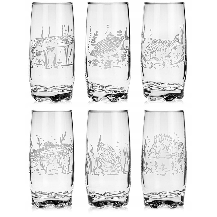 Hosszúitalos pohárkészlet 350ml, színtelen, 6 darab, halászati motívumokkal