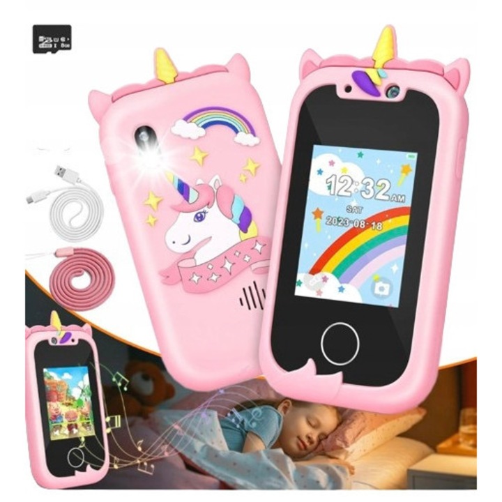 Telefon de jucarie pentru copii, 2.4'', cu camera, 8 jocuri, design unicorn, set complet