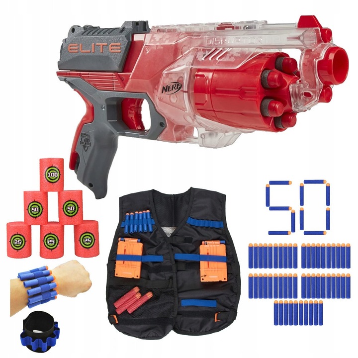 Пистолет Nerf N-Strike Elite Disruptor, червен, комплект с 6 стрели Nerf Elite, 50 резервни стрели, тактическа жилетка, мишени от пяна
