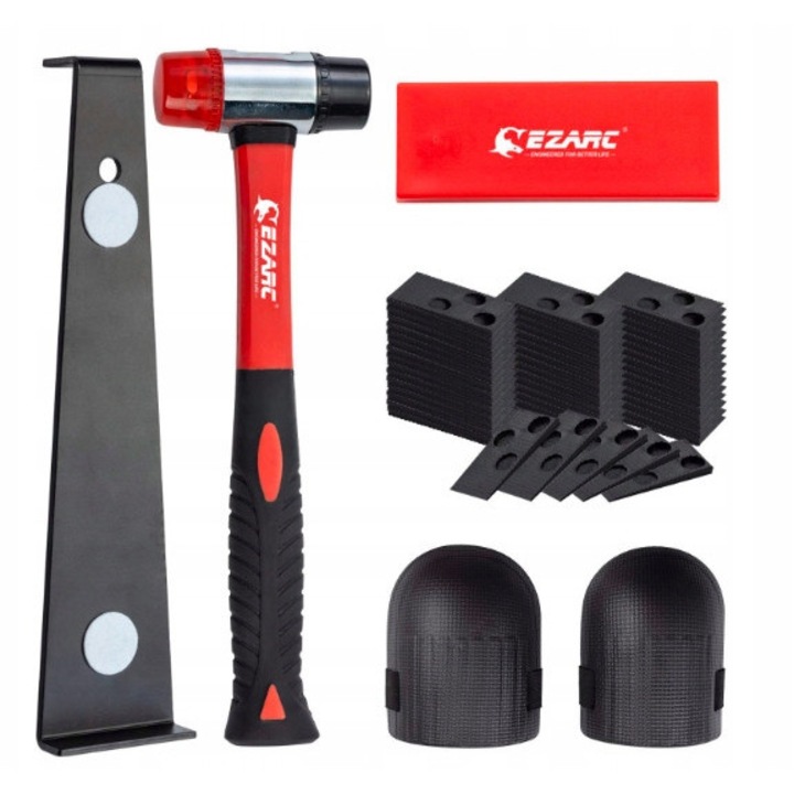 Set montaj pentru pardoseala laminata, EZARC, 60 distantiere, ciocan din cauciuc, protectie pentru genunchi