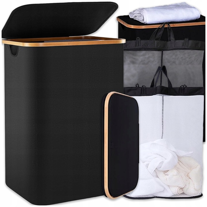 Cos pentru rufe cu capac, 100L, negru, dimensiuni 33x40,5x73cm, cu torba interioara detasabila