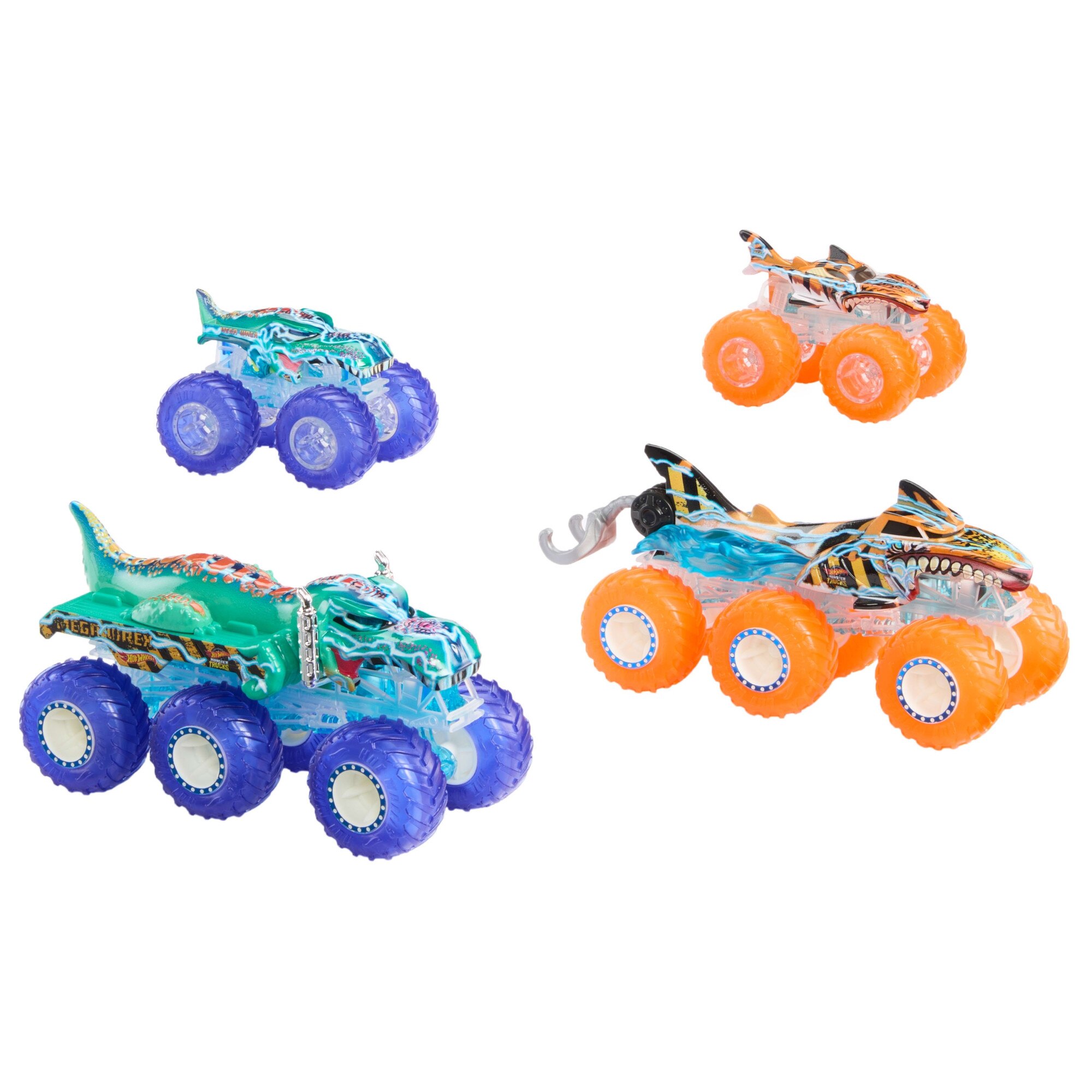 Set Hot Wheels Monster Trucks Power Smashers, Tiger Shark & Mega
