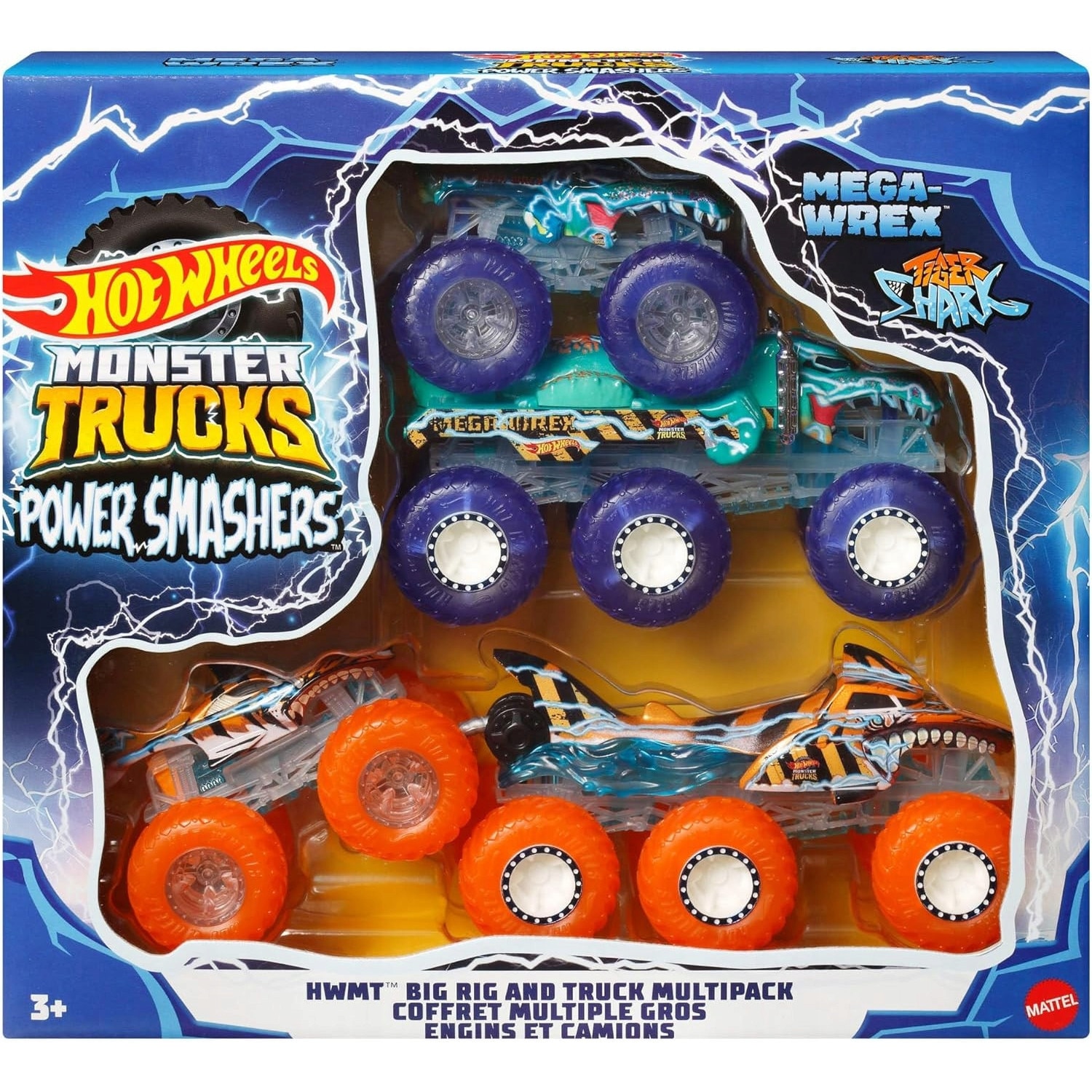 Set Hot Wheels Monster Trucks Power Smashers, Tiger Shark & Mega