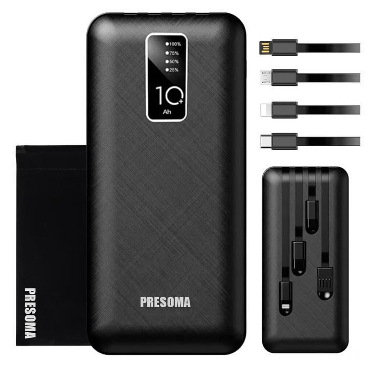 Baterie Externa Portabila, 20000mAh, Fast Charging, Display LED, Functia lanterna, 4 x Cabluri Incorporate, Cablu input Micro, Incarcare Bidirectionala, Compatibil cu iOS/Android, Husa de Depozitare inclusa