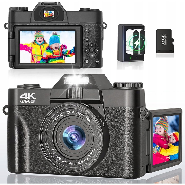 Aparat digital FHD 1080P, 16x zoom, ecran 2,4 inch, negru, cu card 32GB
