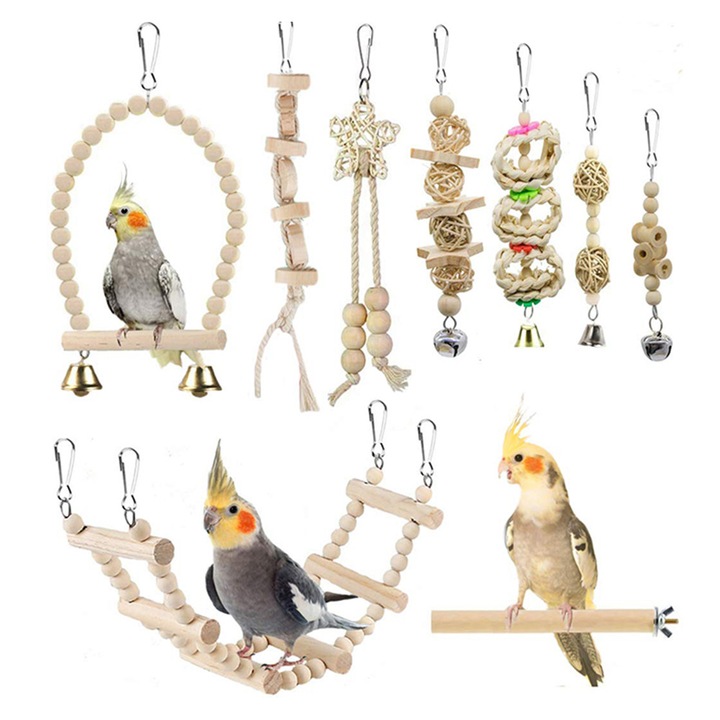 Комплект играчки от естествено дърво за клетка, висяща играчка за гризане, люлка и стълба за катерене за папагали, вълнисти папагали, корели, конури, неразделки и малки птици
