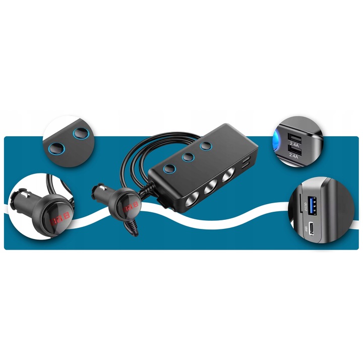 12-24V szivargyújtó aljzat elosztó, 3xUSB, USB-C PD, 120W, voltmérővel, készlet