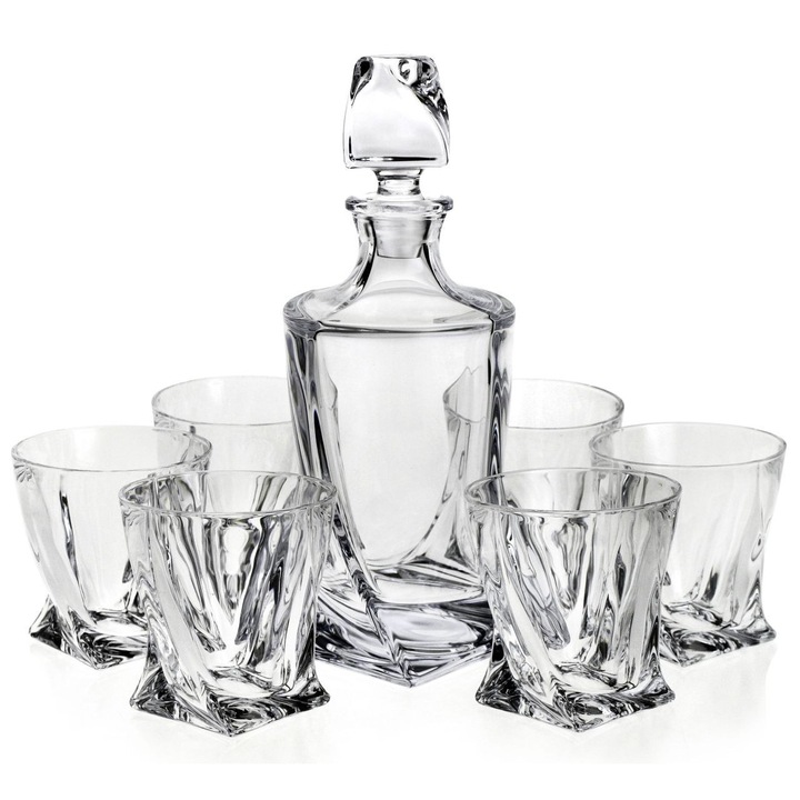 Set carafa si pahare Bohemia Quadro, carafa 850 ml + 6 pahare 340 ml, cristal, transparent