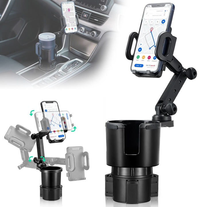 Suport Auto Multifunctional, BYONDSELF®, 2 in 1, pentru Telefon si Ceasca, Rotatie 360°, Reglare pe Inaltime si Baza, nu Trebuie Instalat, pliabil, Universal, Negru