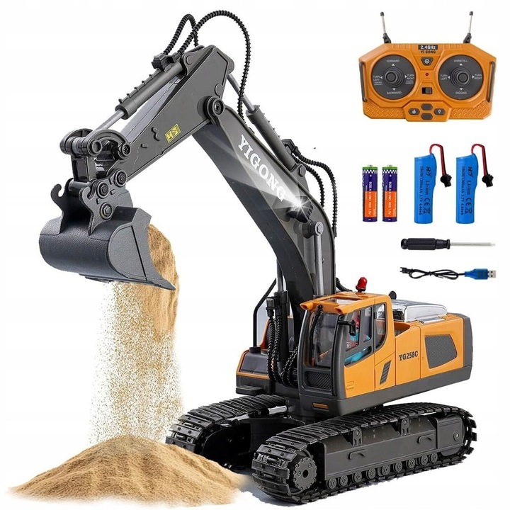 Excavator cu telecomanda, 11 canale, 2.4 GHz, negru si auriu