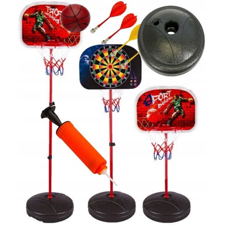 Комплект баскетбол и дартс, табло с метална стойка, топка, магнитни ракети, 125-166 см, червен