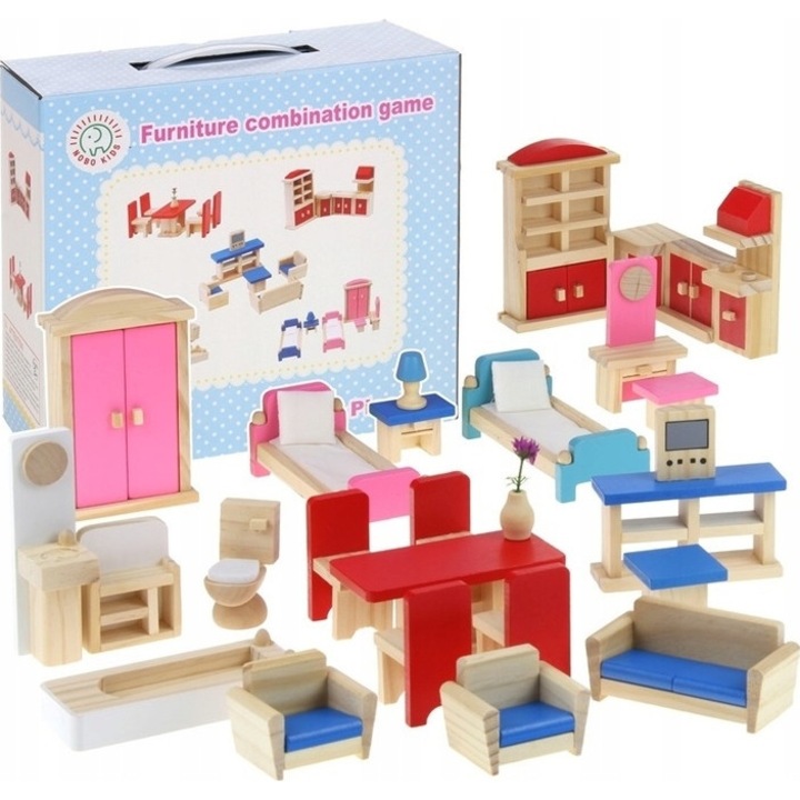 Set de mobilier din lemn pentru casuta de papusi, Pegaz, 35 elemente, multicolor, 10x15x23,5cm