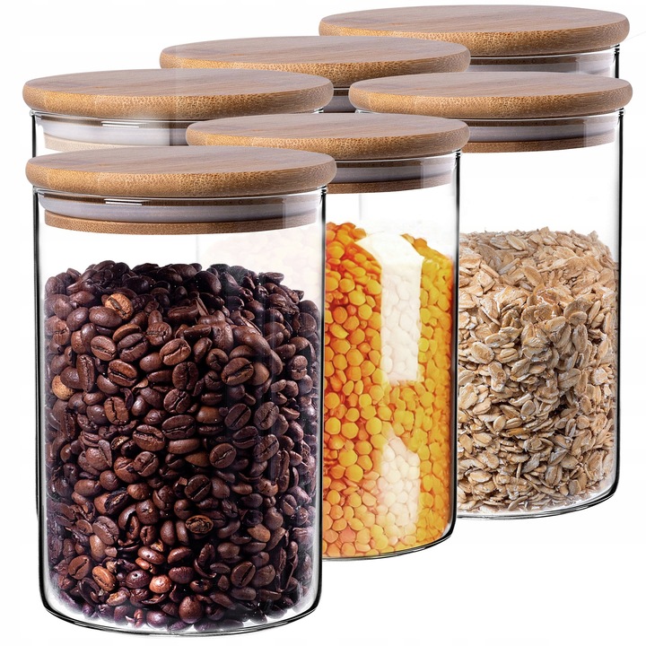 Set 6 borcane din sticla cu capac din bambus, 1.04L, transparente, 10x10x15cm