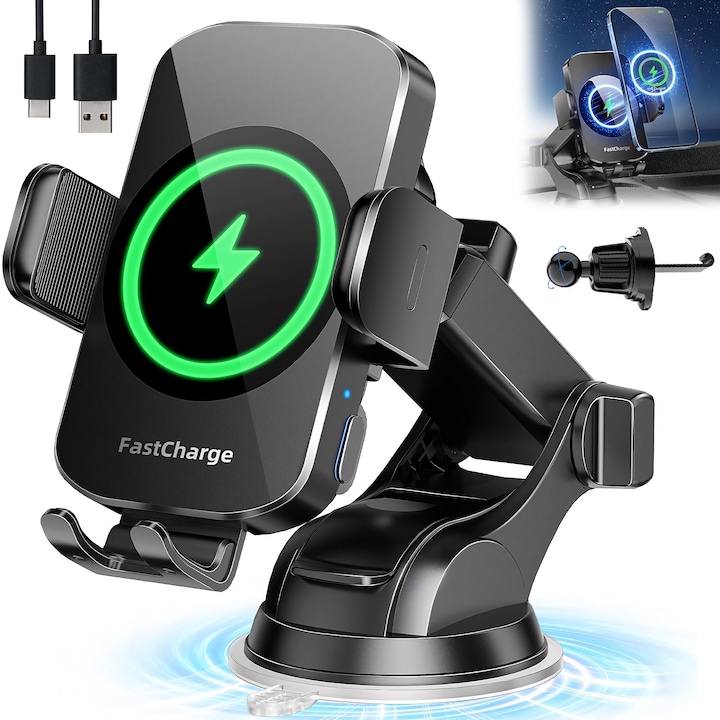 Suport Auto Telefon cu Incarcare wireless, BYONDSELF®, Universal Android si iOS, Maxim 15W, Ventuza, Ajustare Unghiuri Multiple, Rotire 360°, Negru