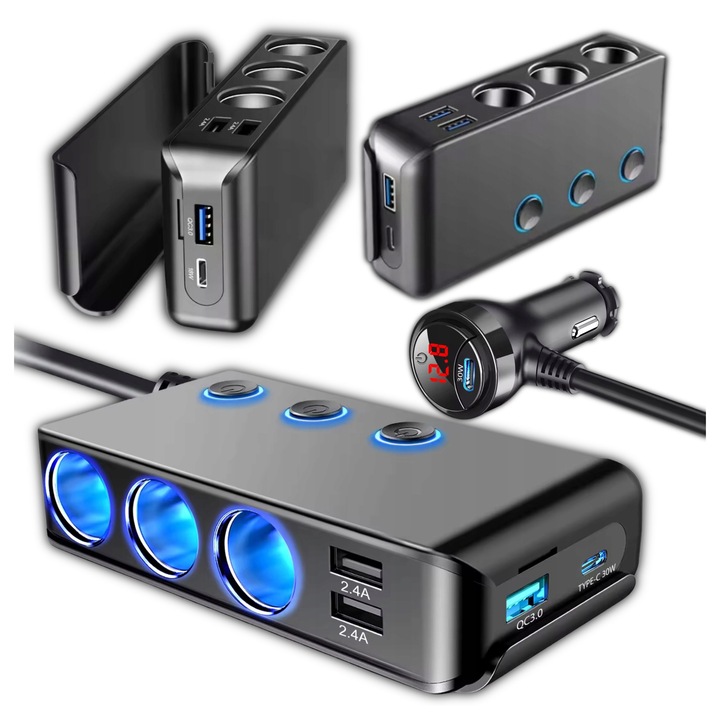 Szivargyújtó elosztó 12-24V, 3 aljzat, 4 USB port, Quick Charge 3.0, USB-C PD, szett