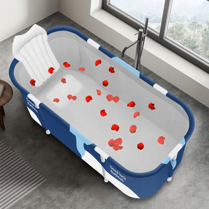 Cada pliabila pentru adulti, DexXer, 112x62.5cm, izolatie termica 6 straturi, capacitate 120kg, alb/albastru