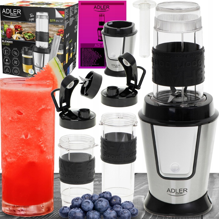 Личен пасатор, Adler 4081, 2 спортни бутилки, функция за натрошаване на лед, черен