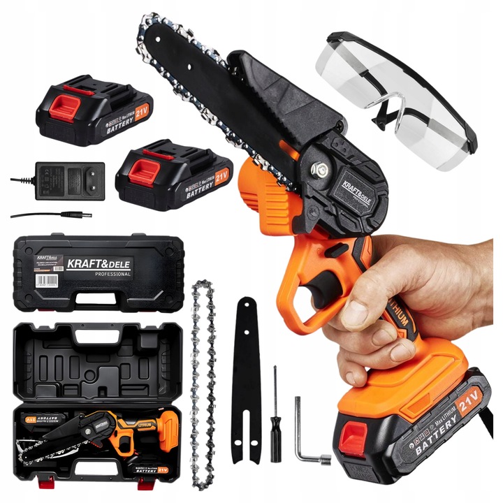 Kraft 6 hüvelykes 21V elektromos láncfűrész, 2 db 1500 mAh akkumulátor, hordtáska