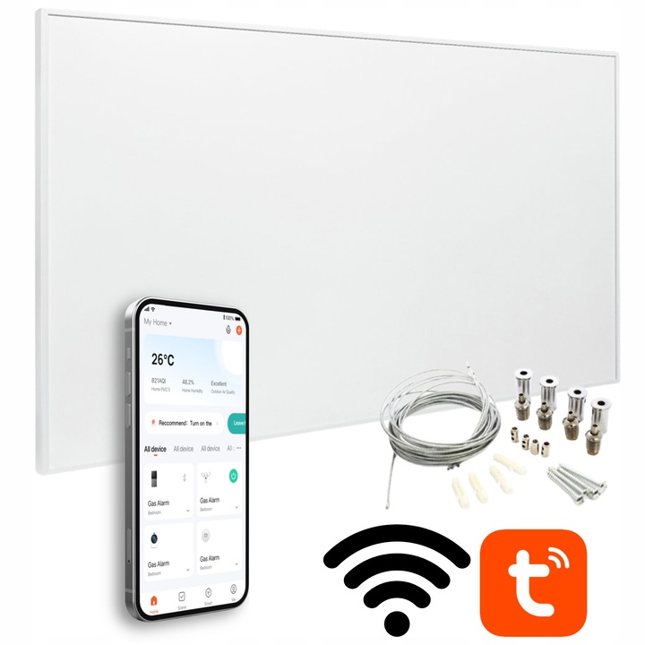 Infravörös elektromos radiátor, Tuya, 700W, 121x61cm, falra/mennyezetre/lábakra szerelhető, matt, fehér